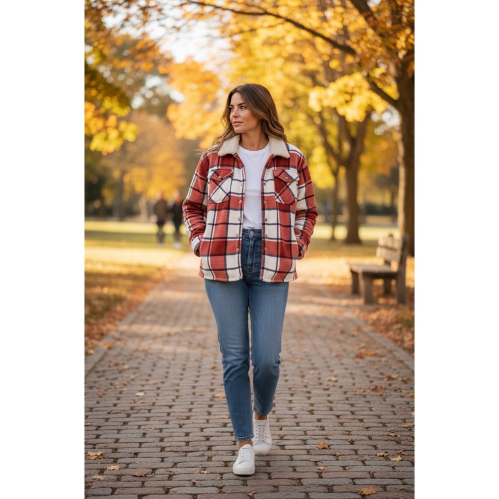 SAGE COLLECTIVE Sherpa Lined Plaid Flannel Shacket Jacket‎ Women's Large Red
